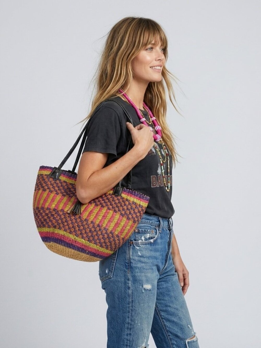 Beach Bag Handmade Woven Basket Purse African Colorful Straw Leather Market Bag